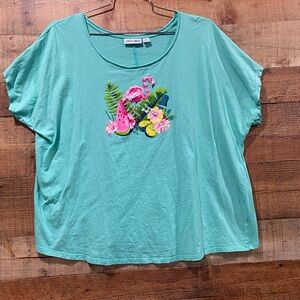 Kiwi Fresh Women's Green Top with Flamingo Print Size 2XL